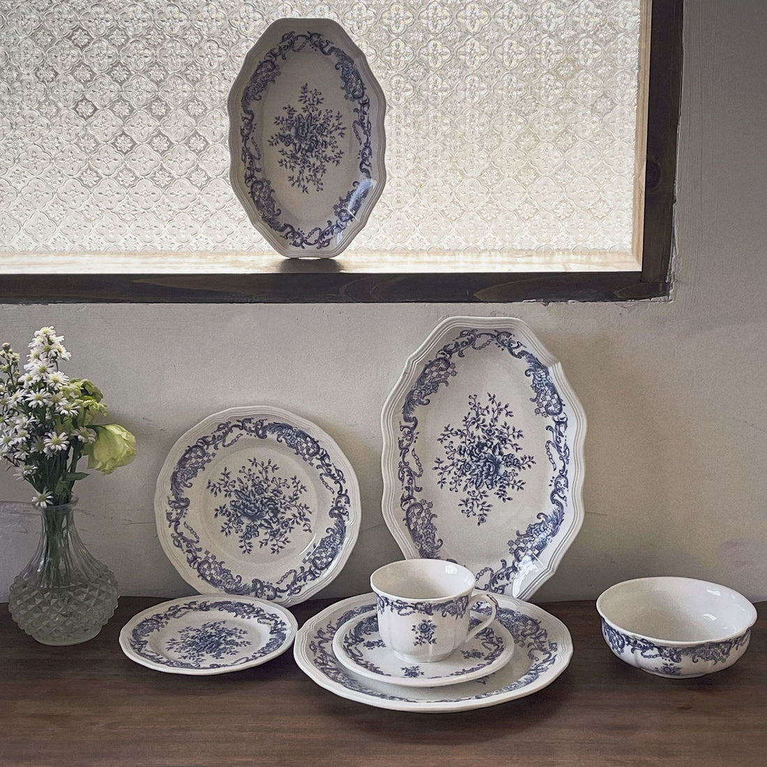 Vintage Blue Floral Ceramic Dinnerware - Plates Bowls Cups Set