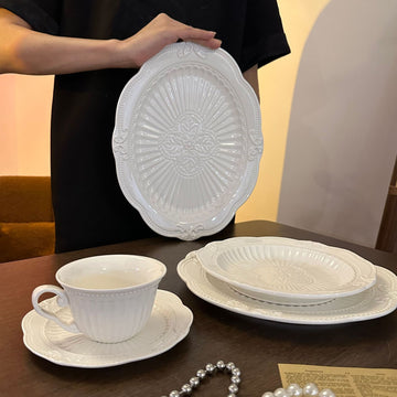 High-Quality Vintage Relief Ceramic White Dining Tea Plate