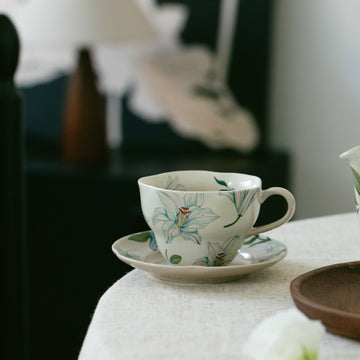 Vintage Floral Ceramic Coffee Cup Set - Lily Pattern Home Tableware