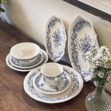Vintage Blue Floral Ceramic Dinnerware - Plates Bowls Cups Set