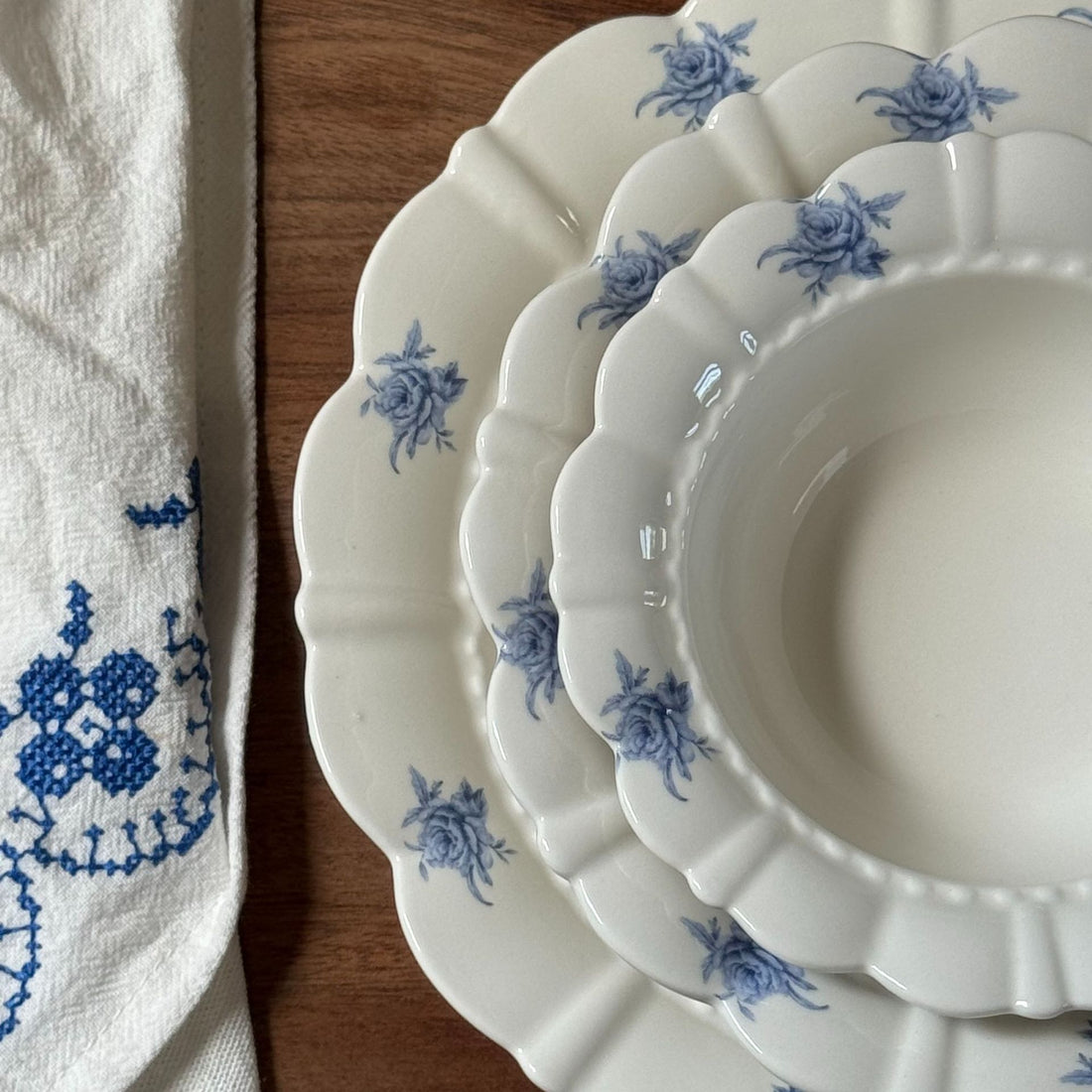 French Vintage Blue Rose Ceramic Plates - Petal Edge Design